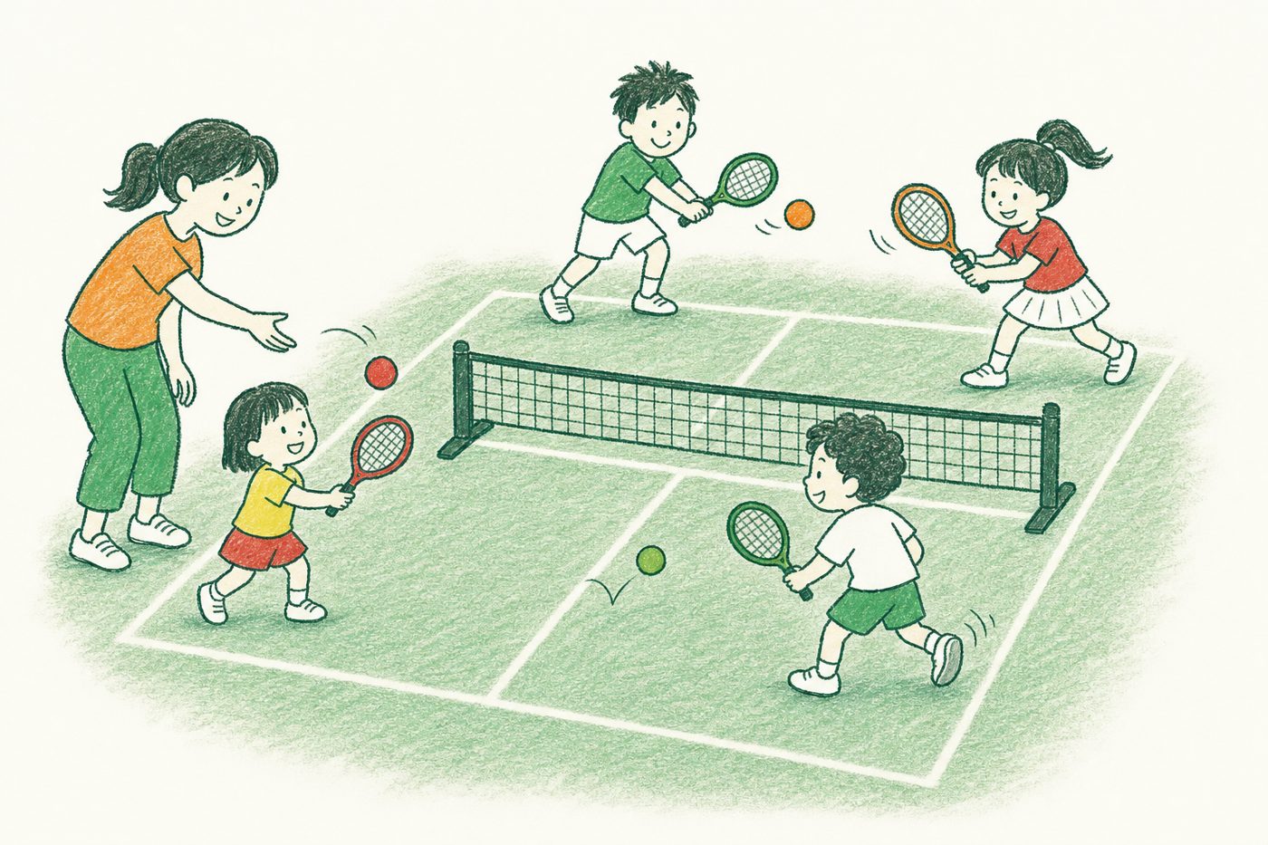 小さなコートで、子どもたちが赤・オレンジ・緑のやわらかいボールを使ってテニスをしているイラスト。保護者が小さな子にボールを出している。